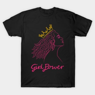 Beautiful girl with curly hair and a golden crown with the text saying "Girl Power" T-Shirt